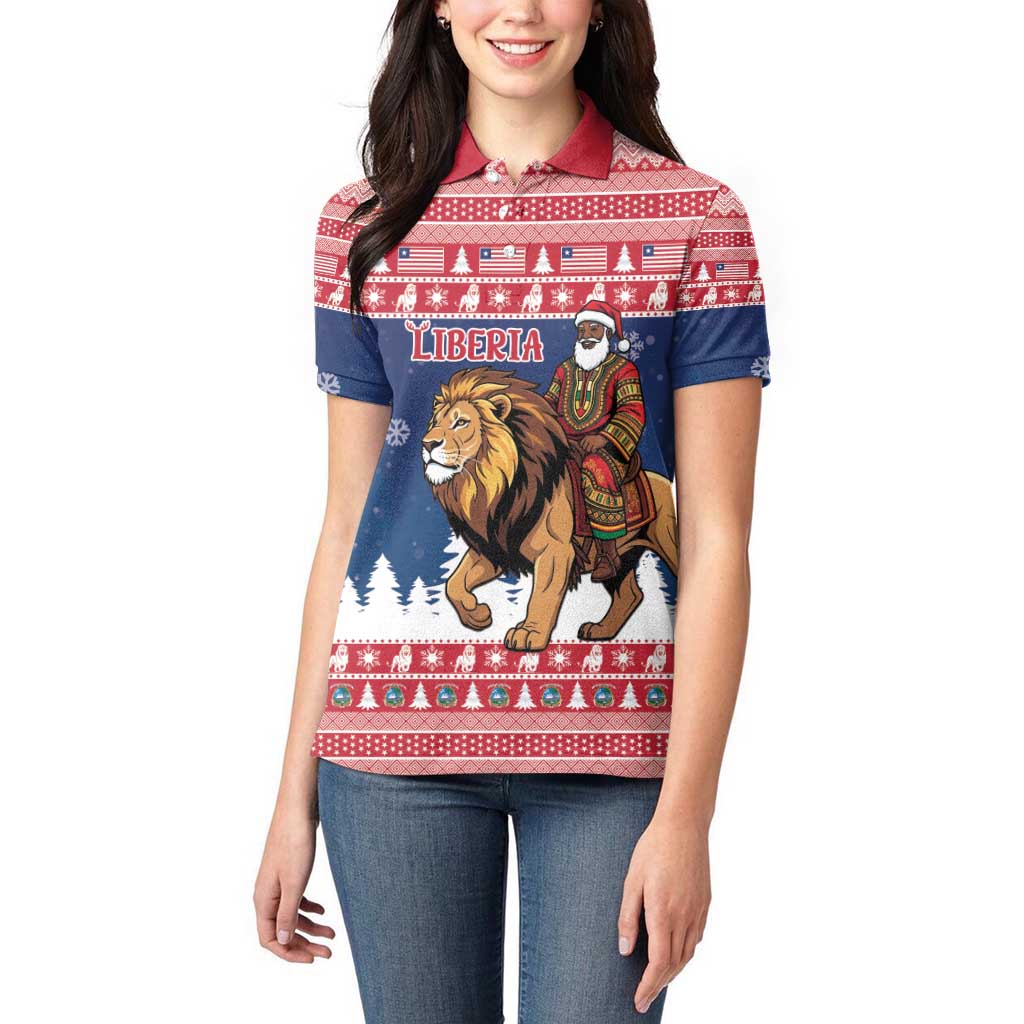 Personalized Liberia Christmas Women Polo Shirt Black Santa Riding Lion - Merry Christmas - Wonder Print Shop