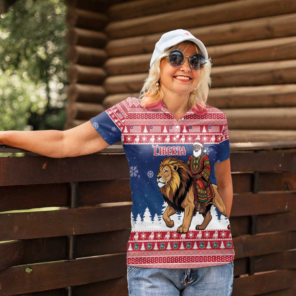 Personalized Liberia Christmas Women Polo Shirt Black Santa Riding Lion - Merry Christmas - Wonder Print Shop