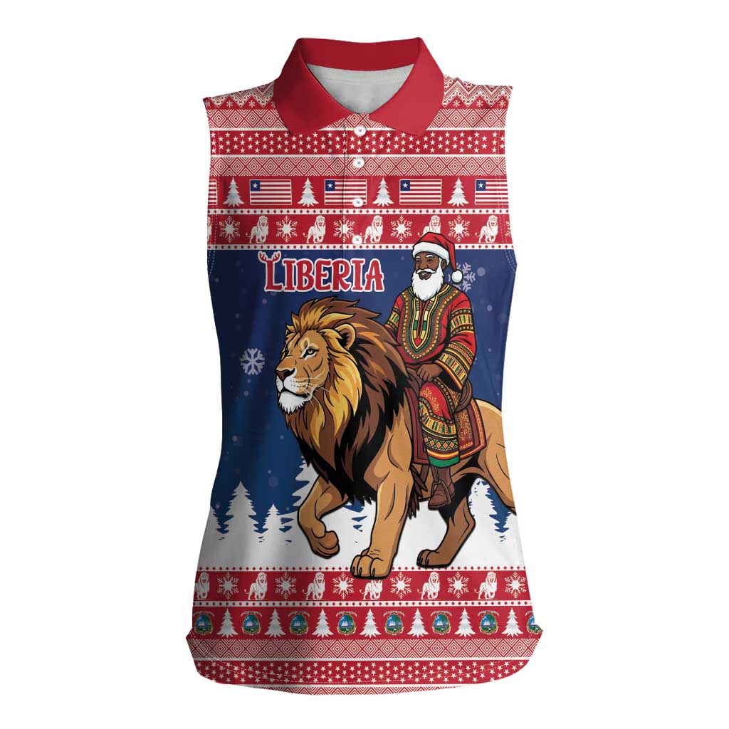 Personalized Liberia Christmas Women Sleeveless Polo Shirt Black Santa Riding Lion - Merry Christmas - Wonder Print Shop