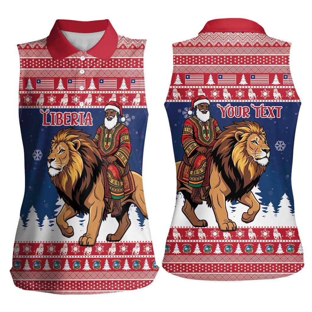 Personalized Liberia Christmas Women Sleeveless Polo Shirt Black Santa Riding Lion - Merry Christmas - Wonder Print Shop