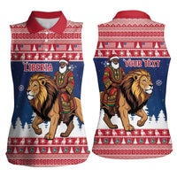 Personalized Liberia Christmas Women Sleeveless Polo Shirt Black Santa Riding Lion - Merry Christmas - Wonder Print Shop