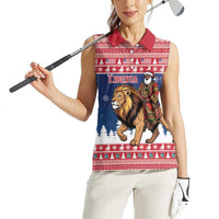 Personalized Liberia Christmas Women Sleeveless Polo Shirt Black Santa Riding Lion - Merry Christmas - Wonder Print Shop