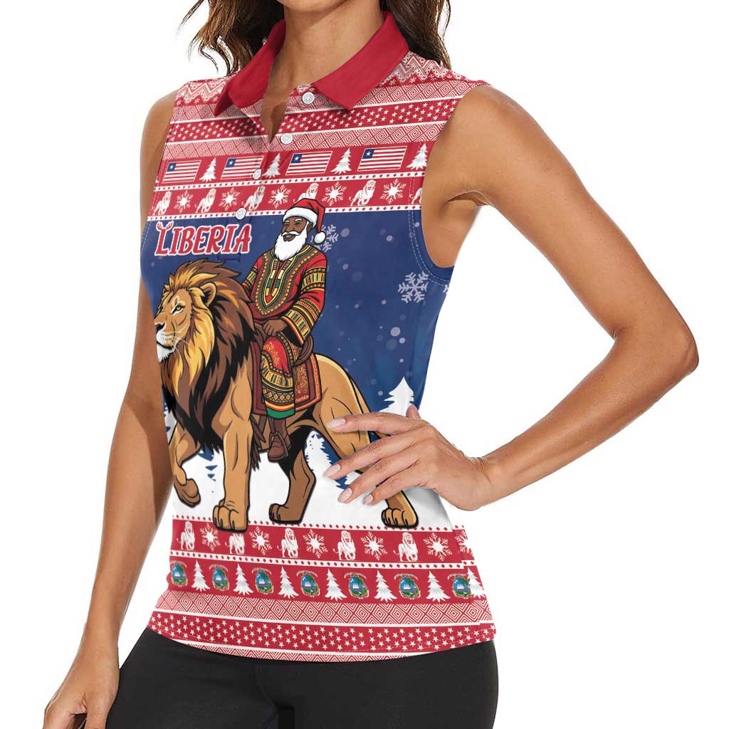 Personalized Liberia Christmas Women Sleeveless Polo Shirt Black Santa Riding Lion - Merry Christmas - Wonder Print Shop