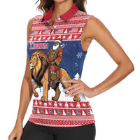 Personalized Liberia Christmas Women Sleeveless Polo Shirt Black Santa Riding Lion - Merry Christmas - Wonder Print Shop