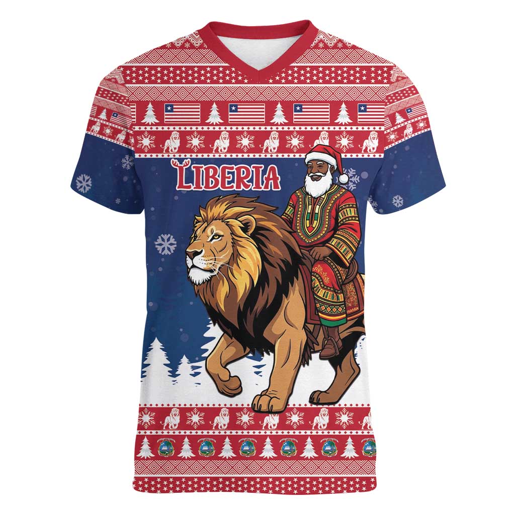 Personalized Liberia Christmas Women V-Neck T-Shirt Black Santa Riding Lion - Merry Christmas - Wonder Print Shop