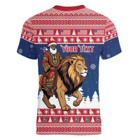 Personalized Liberia Christmas Women V-Neck T-Shirt Black Santa Riding Lion - Merry Christmas - Wonder Print Shop