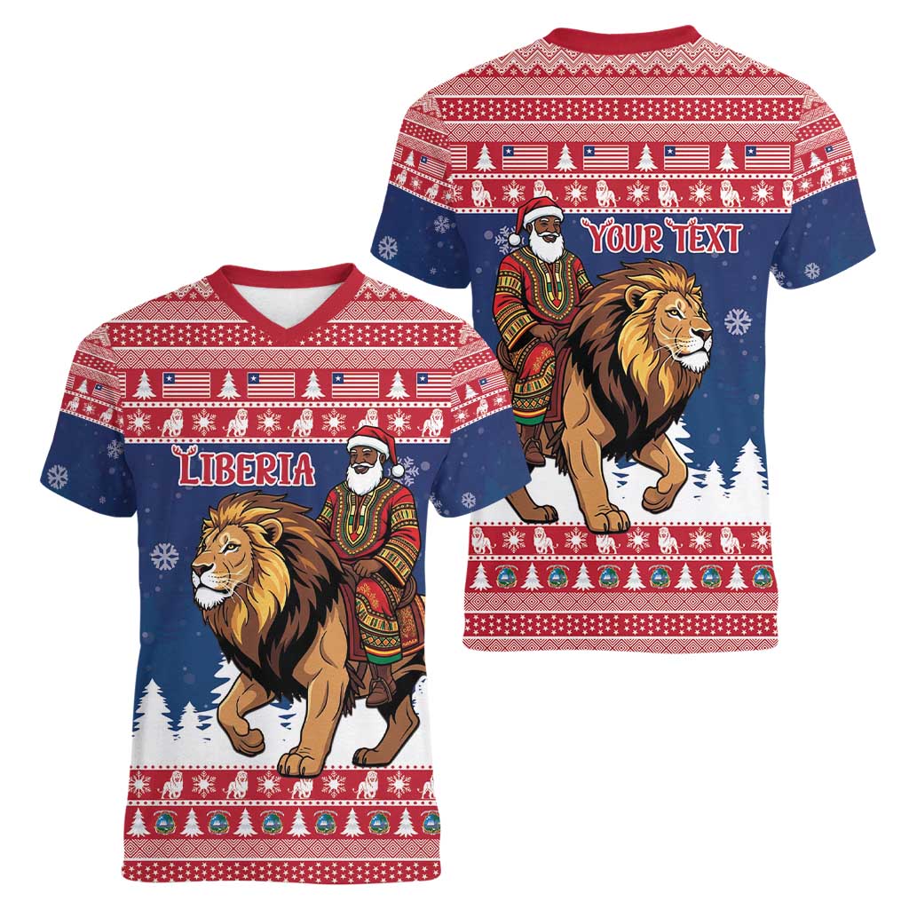 Personalized Liberia Christmas Women V-Neck T-Shirt Black Santa Riding Lion - Merry Christmas - Wonder Print Shop