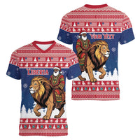 Personalized Liberia Christmas Women V-Neck T-Shirt Black Santa Riding Lion - Merry Christmas - Wonder Print Shop