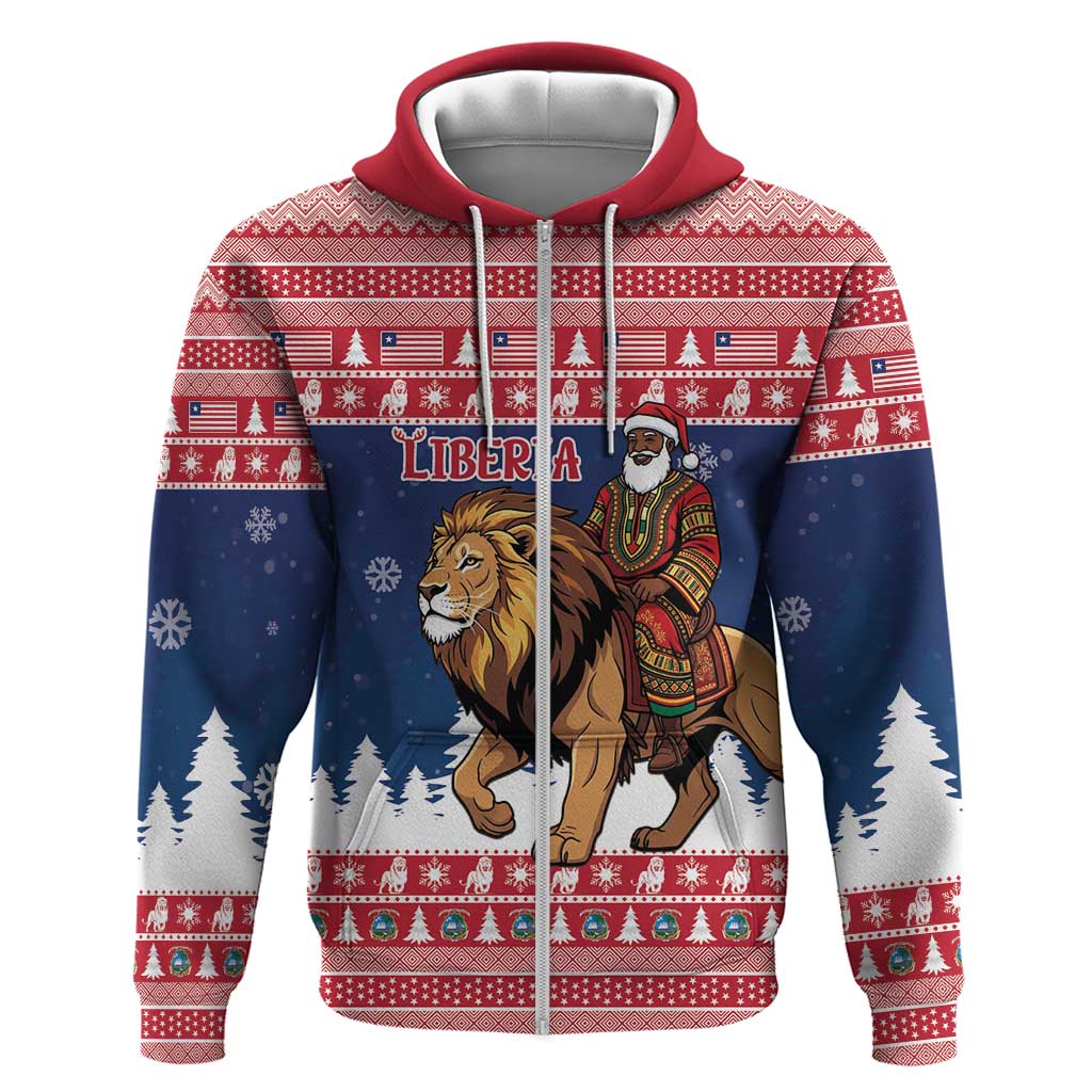 Personalized Liberia Christmas Zip Hoodie Black Santa Riding Lion - Merry Christmas - Wonder Print Shop