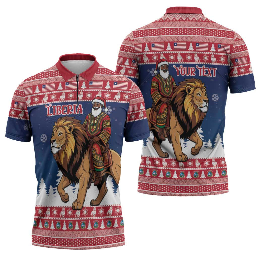 Personalized Liberia Christmas Zipper Polo Shirt Black Santa Riding Lion - Merry Christmas - Wonder Print Shop