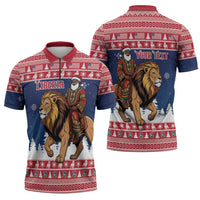 Personalized Liberia Christmas Zipper Polo Shirt Black Santa Riding Lion - Merry Christmas - Wonder Print Shop