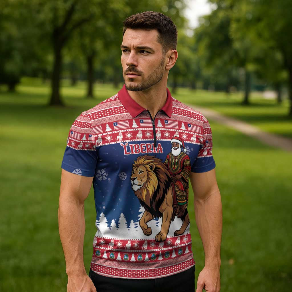 Personalized Liberia Christmas Zipper Polo Shirt Black Santa Riding Lion - Merry Christmas - Wonder Print Shop