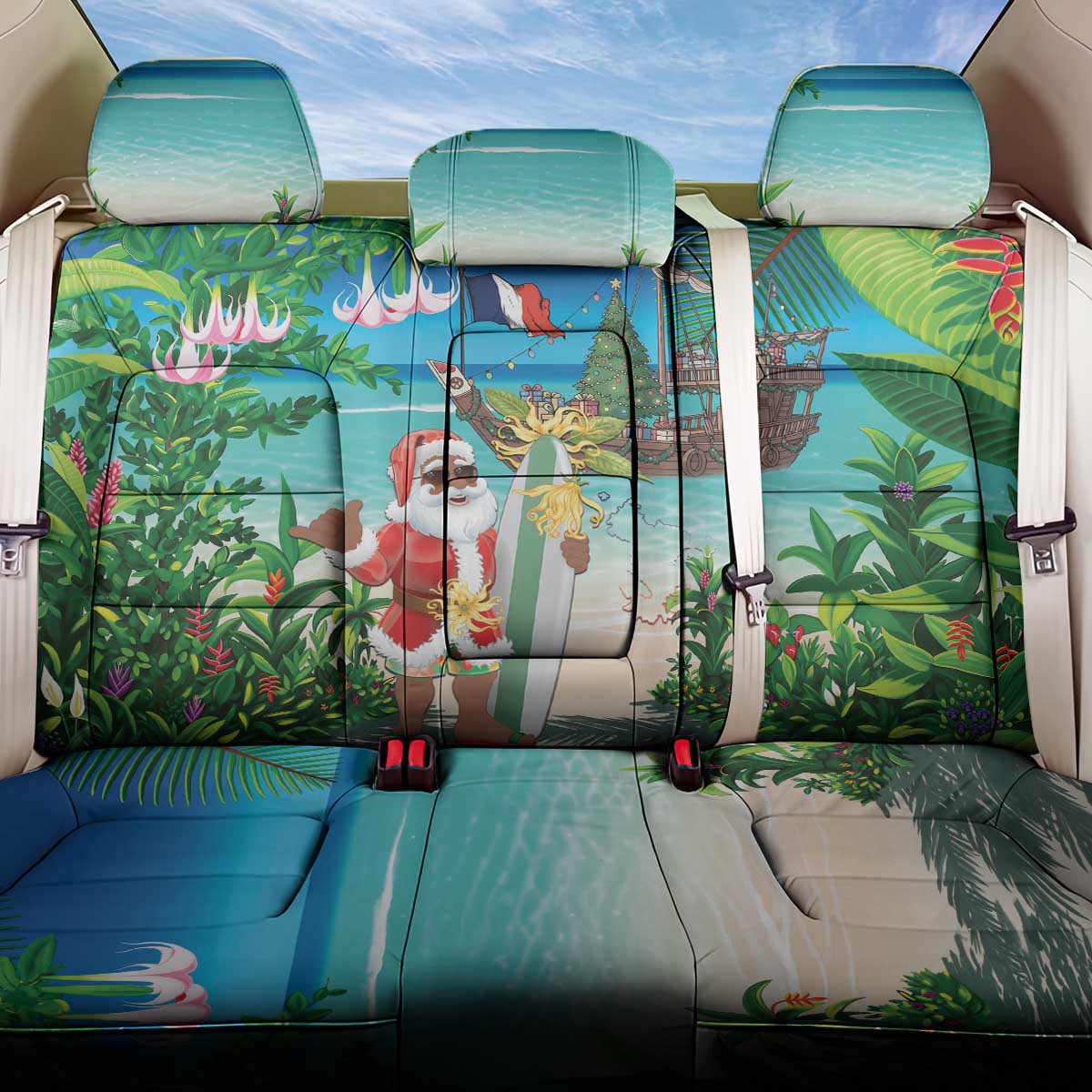 Mayotte Christmas Back Car Seat Cover Santa Chill on Tropical Beach - Wonder Print Shop