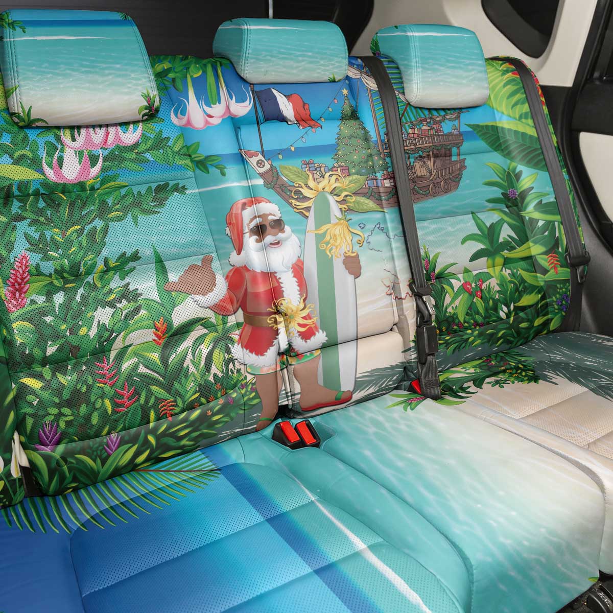 Mayotte Christmas Back Car Seat Cover Santa Chill on Tropical Beach - Wonder Print Shop