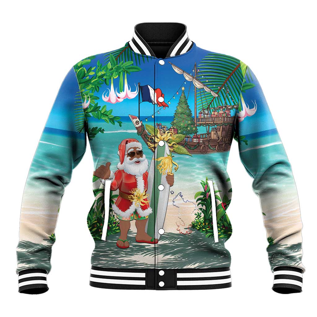 Mayotte Christmas Baseball Jacket Santa Chill on Tropical Beach - Wonder Print Shop