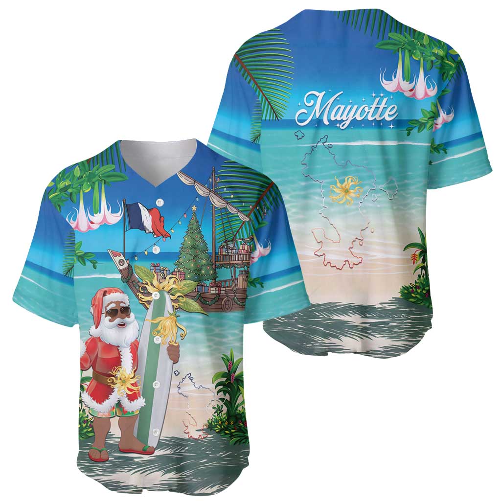 Mayotte Christmas Baseball Jersey Santa Chill on Tropical Beach - Wonder Print Shop