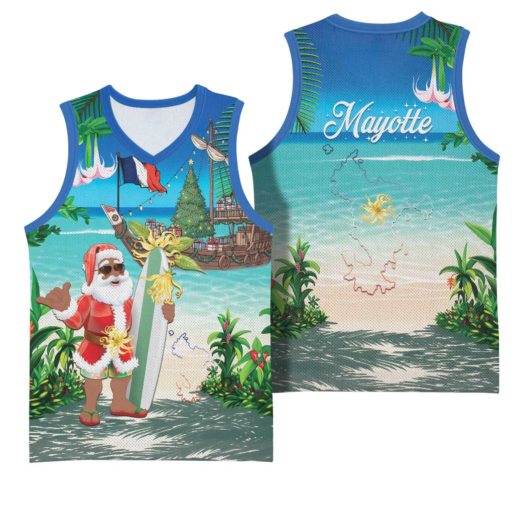 Mayotte Christmas Basketball Jersey Santa Chill on Tropical Beach - Wonder Print Shop