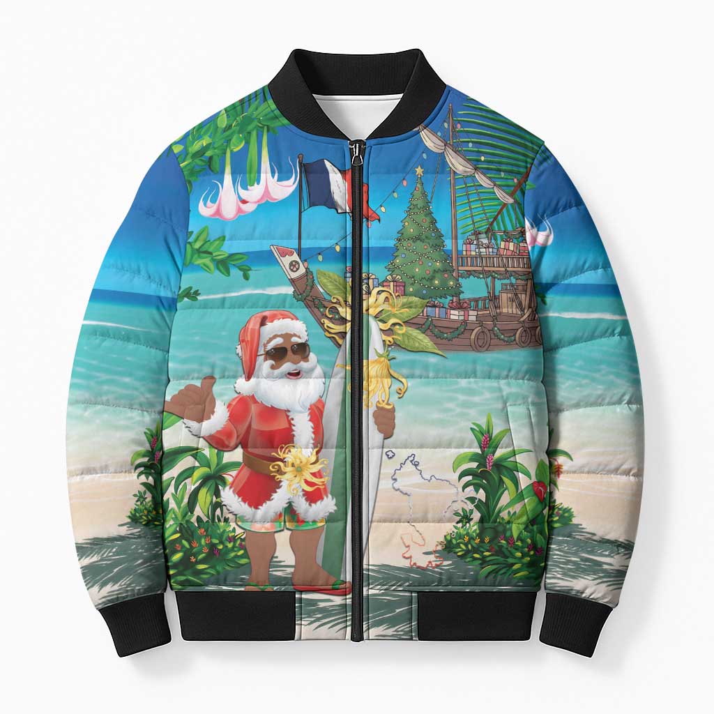 Mayotte Christmas Bomber Puffer Jacket Santa Chill on Tropical Beach - Wonder Print Shop