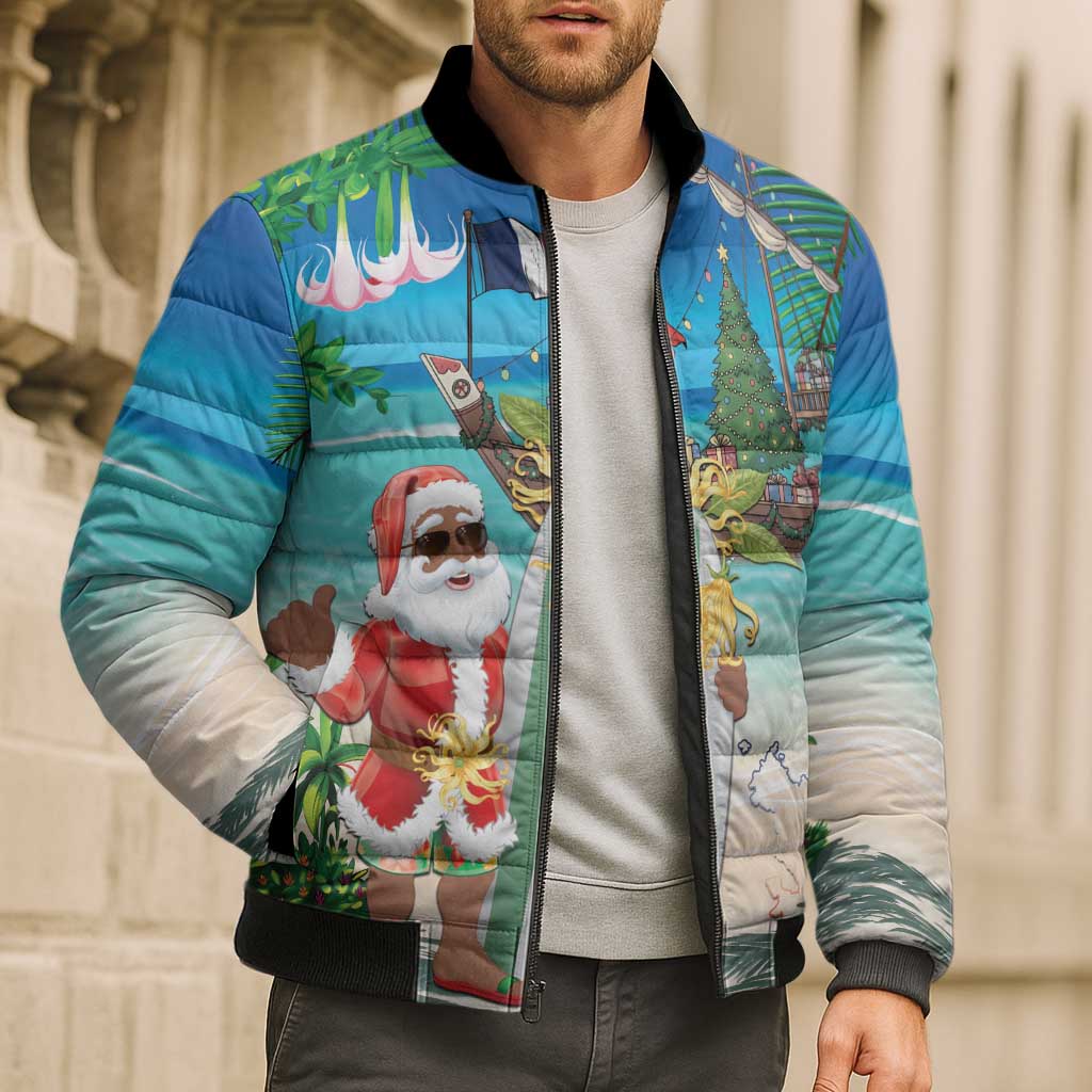 Mayotte Christmas Bomber Puffer Jacket Santa Chill on Tropical Beach - Wonder Print Shop