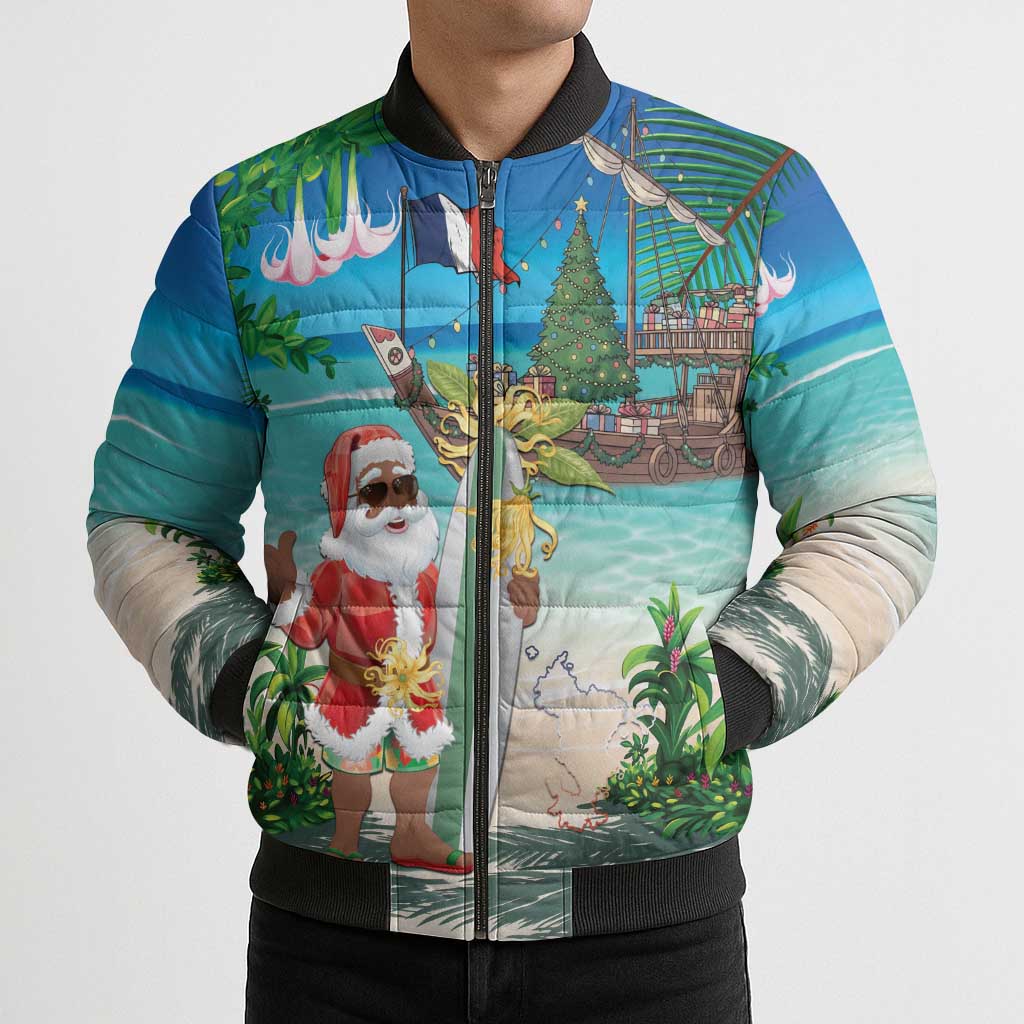 Mayotte Christmas Bomber Puffer Jacket Santa Chill on Tropical Beach - Wonder Print Shop