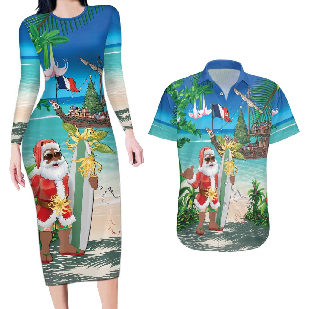Mayotte Christmas Couples Matching Long Sleeve Bodycon Dress and Hawaiian Shirt Santa Chill on Tropical Beach - Wonder Print Shop
