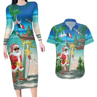Mayotte Christmas Couples Matching Long Sleeve Bodycon Dress and Hawaiian Shirt Santa Chill on Tropical Beach - Wonder Print Shop