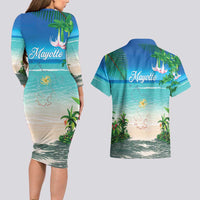Mayotte Christmas Couples Matching Long Sleeve Bodycon Dress and Hawaiian Shirt Santa Chill on Tropical Beach - Wonder Print Shop