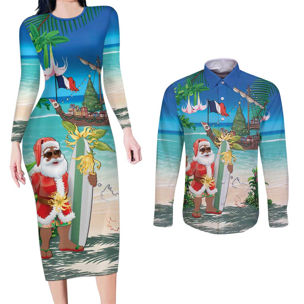Mayotte Christmas Couples Matching Long Sleeve Bodycon Dress and Long Sleeve Button Shirt Santa Chill on Tropical Beach - Wonder Print Shop