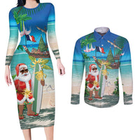 Mayotte Christmas Couples Matching Long Sleeve Bodycon Dress and Long Sleeve Button Shirt Santa Chill on Tropical Beach - Wonder Print Shop