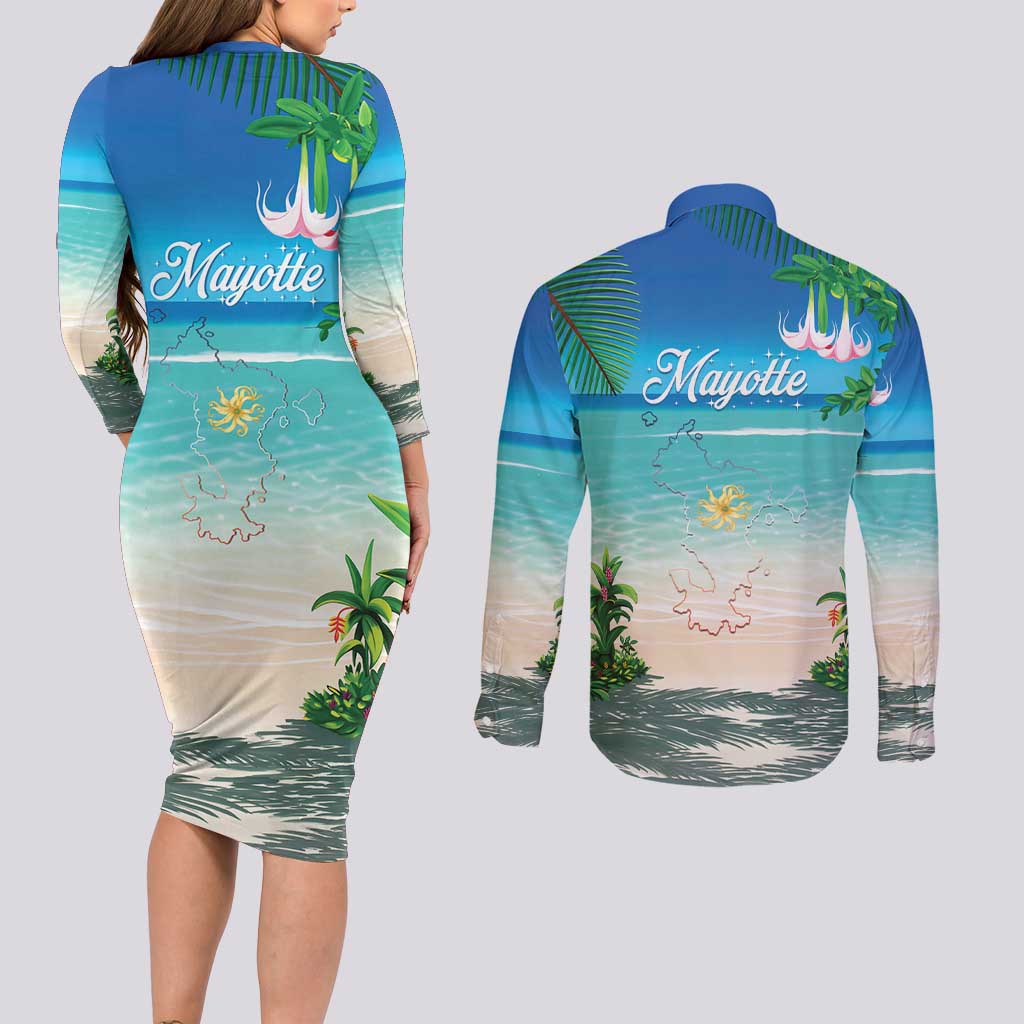 Mayotte Christmas Couples Matching Long Sleeve Bodycon Dress and Long Sleeve Button Shirt Santa Chill on Tropical Beach - Wonder Print Shop
