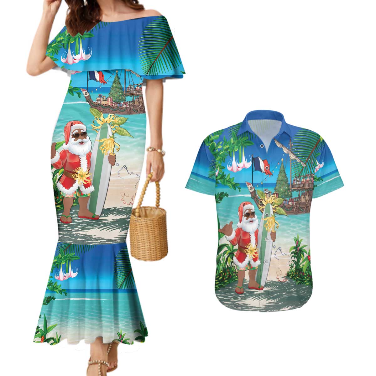 Mayotte Christmas Couples Matching Mermaid Dress and Hawaiian Shirt Santa Chill on Tropical Beach - Wonder Print Shop