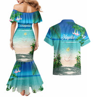 Mayotte Christmas Couples Matching Mermaid Dress and Hawaiian Shirt Santa Chill on Tropical Beach - Wonder Print Shop