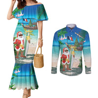 Mayotte Christmas Couples Matching Mermaid Dress and Long Sleeve Button Shirt Santa Chill on Tropical Beach - Wonder Print Shop
