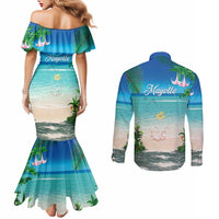 Mayotte Christmas Couples Matching Mermaid Dress and Long Sleeve Button Shirt Santa Chill on Tropical Beach - Wonder Print Shop