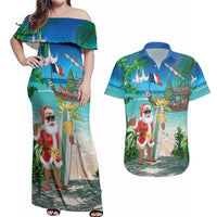 Mayotte Christmas Couples Matching Off Shoulder Maxi Dress and Hawaiian Shirt Santa Chill on Tropical Beach - Wonder Print Shop