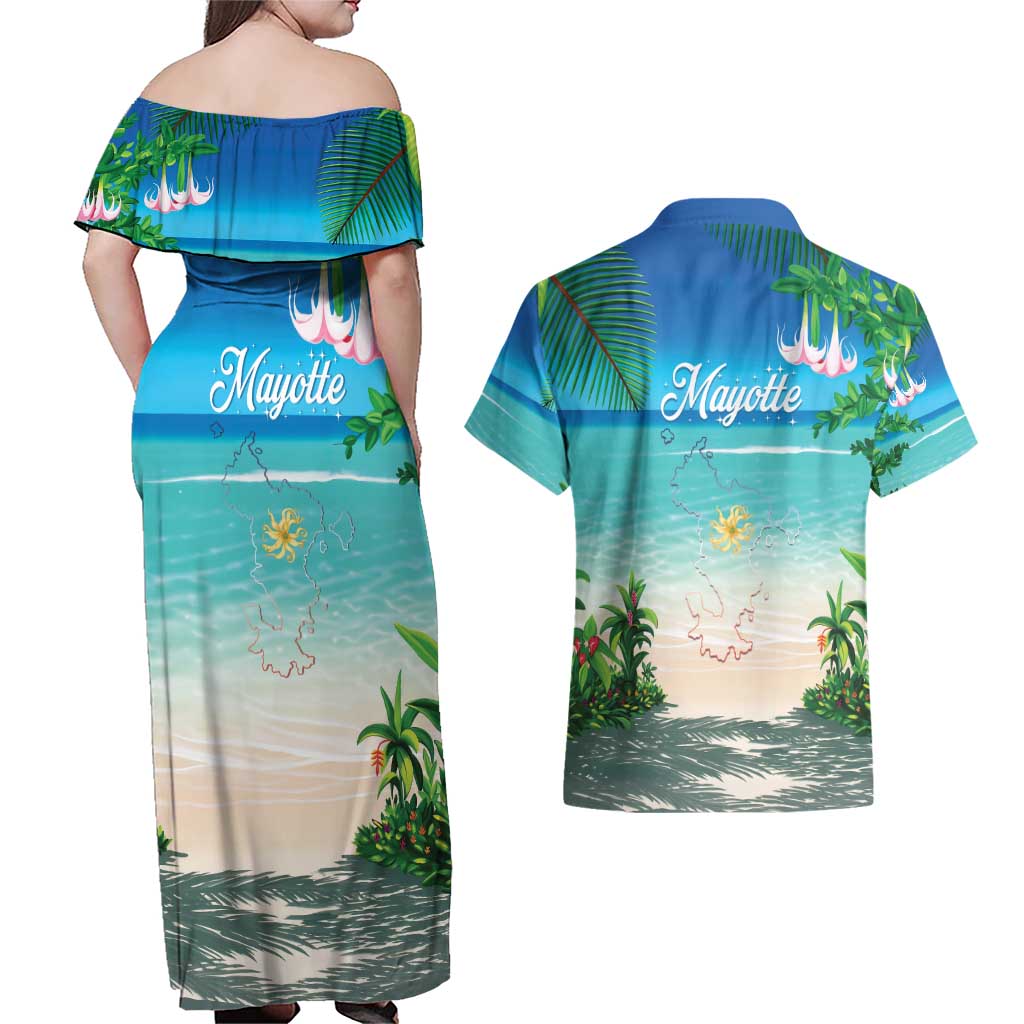 Mayotte Christmas Couples Matching Off Shoulder Maxi Dress and Hawaiian Shirt Santa Chill on Tropical Beach - Wonder Print Shop