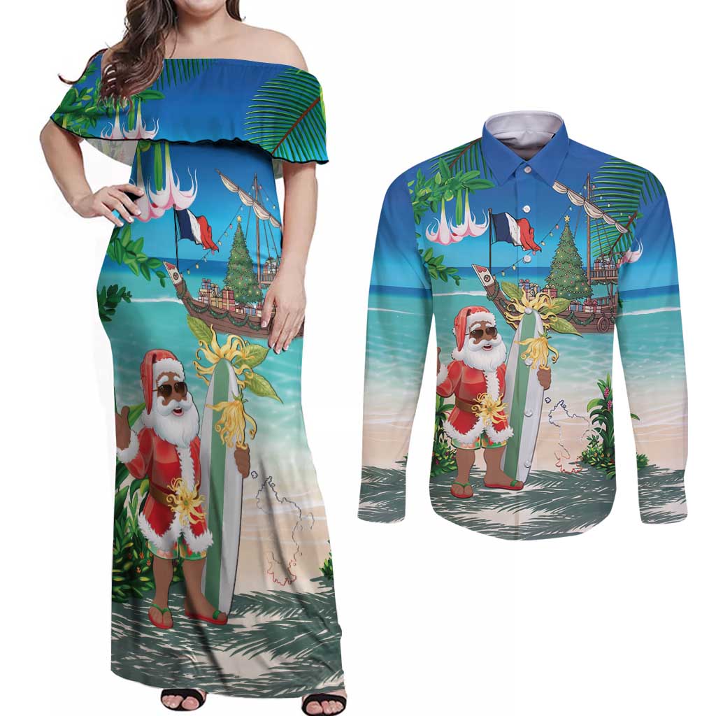 Mayotte Christmas Couples Matching Off Shoulder Maxi Dress and Long Sleeve Button Shirt Santa Chill on Tropical Beach - Wonder Print Shop