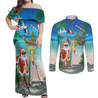Mayotte Christmas Couples Matching Off Shoulder Maxi Dress and Long Sleeve Button Shirt Santa Chill on Tropical Beach - Wonder Print Shop
