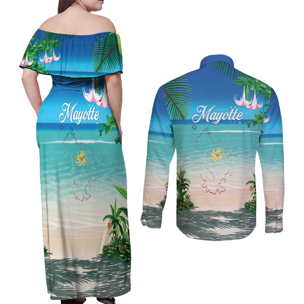 Mayotte Christmas Couples Matching Off Shoulder Maxi Dress and Long Sleeve Button Shirt Santa Chill on Tropical Beach - Wonder Print Shop