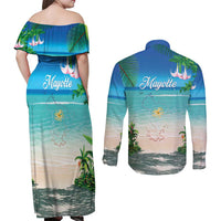 Mayotte Christmas Couples Matching Off Shoulder Maxi Dress and Long Sleeve Button Shirt Santa Chill on Tropical Beach - Wonder Print Shop