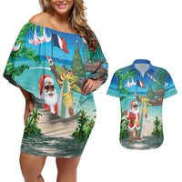 Mayotte Christmas Couples Matching Off Shoulder Short Dress and Hawaiian Shirt Santa Chill on Tropical Beach - Wonder Print Shop
