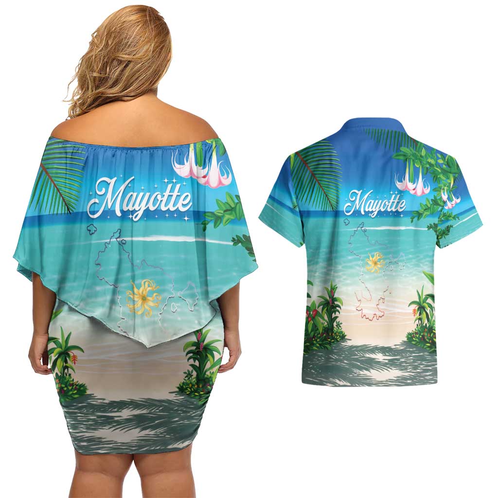 Mayotte Christmas Couples Matching Off Shoulder Short Dress and Hawaiian Shirt Santa Chill on Tropical Beach - Wonder Print Shop