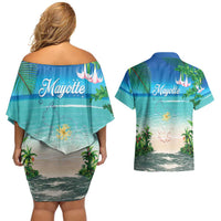 Mayotte Christmas Couples Matching Off Shoulder Short Dress and Hawaiian Shirt Santa Chill on Tropical Beach - Wonder Print Shop