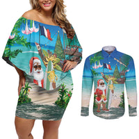 Mayotte Christmas Couples Matching Off Shoulder Short Dress and Long Sleeve Button Shirt Santa Chill on Tropical Beach - Wonder Print Shop