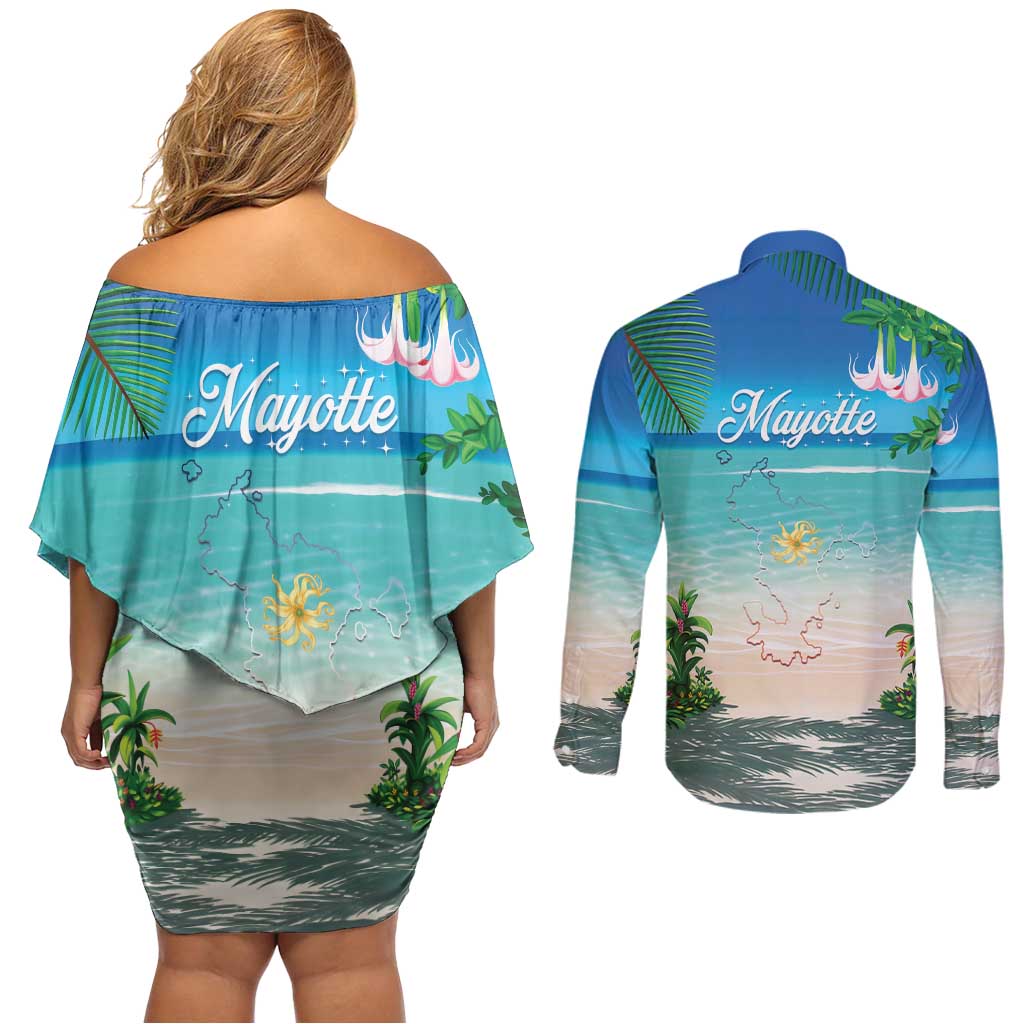 Mayotte Christmas Couples Matching Off Shoulder Short Dress and Long Sleeve Button Shirt Santa Chill on Tropical Beach - Wonder Print Shop