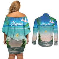 Mayotte Christmas Couples Matching Off Shoulder Short Dress and Long Sleeve Button Shirt Santa Chill on Tropical Beach - Wonder Print Shop
