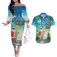 Mayotte Christmas Couples Matching Off The Shoulder Long Sleeve Dress and Hawaiian Shirt Santa Chill on Tropical Beach - Wonder Print Shop