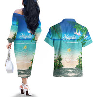 Mayotte Christmas Couples Matching Off The Shoulder Long Sleeve Dress and Hawaiian Shirt Santa Chill on Tropical Beach - Wonder Print Shop