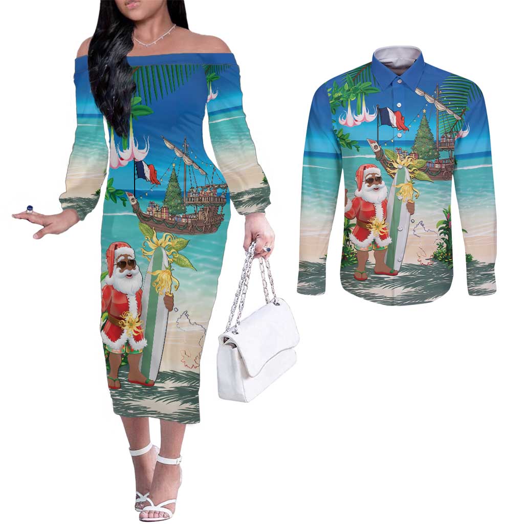 Mayotte Christmas Couples Matching Off The Shoulder Long Sleeve Dress and Long Sleeve Button Shirt Santa Chill on Tropical Beach - Wonder Print Shop