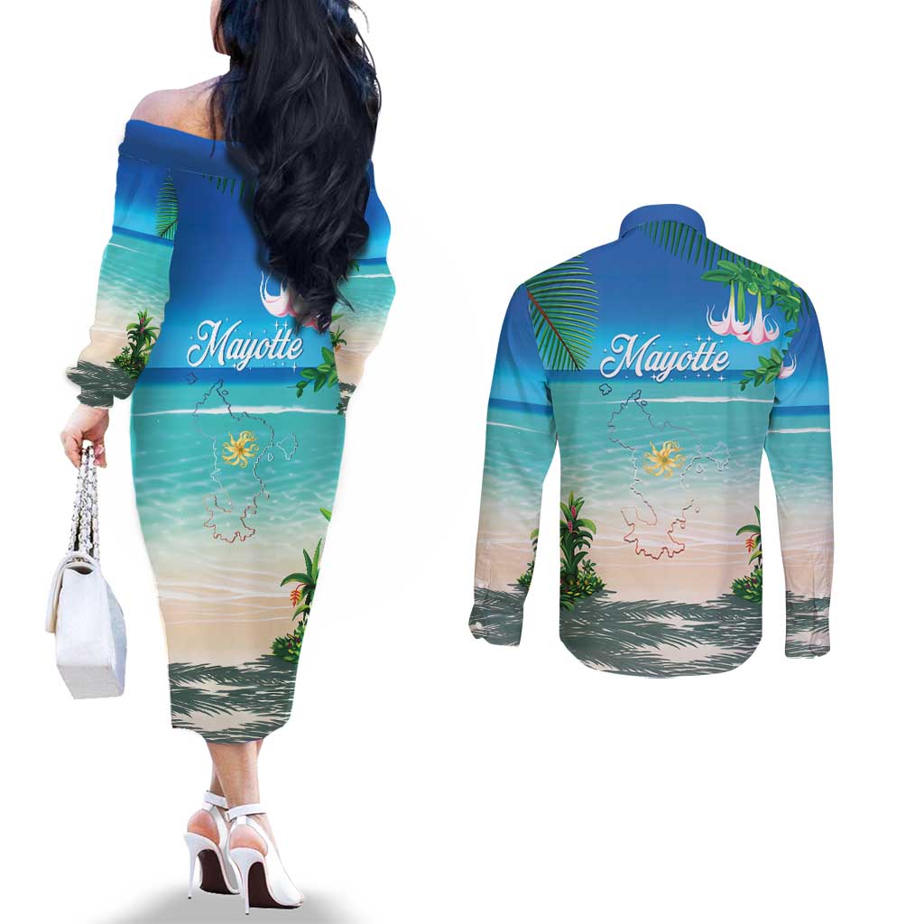 Mayotte Christmas Couples Matching Off The Shoulder Long Sleeve Dress and Long Sleeve Button Shirt Santa Chill on Tropical Beach - Wonder Print Shop